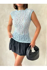 Blouse en dentelle à manches zéro - Bleue (vente en gros) | Topshow