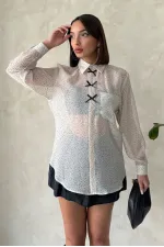 Chemise en mousseline à pois avec nœud décoratif - Gris pierre | TOPSHOW | F1881