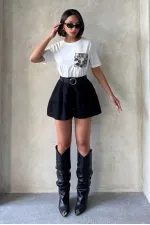 Cep Detaylı Tişört - Krem Siyah | Topshow