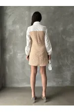 Knee-Length Wholesale Dress with Poplin Sleeves and Chest - Stone | TOPSHOW | F1139