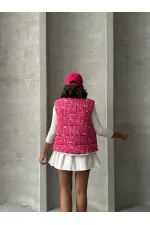 Karışık Baskı Desenli Elyaflı Şişme Toptan Yelek - Fuşya | TOPSHOW | F1749