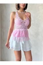 Güpür Detaylı Askılı Toptan Bluz   Pembe | Topshow