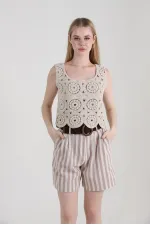 Topshow Stone Striped Belted Linen Wholesale Shorts