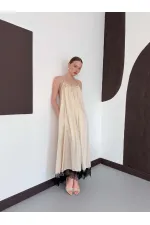 D 3022 DANTEL DETAYLI SATEN ELBİSE - TAŞ