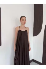 D 3022 DANTEL DETAYLI SATEN ELBİSE - KAHVE