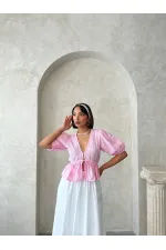 Önden Bağlamalı Nakışlı Vual Bluz - Pembe Topshow