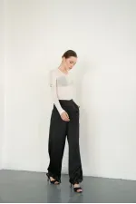 Pantalon en satin noir à ourlet en dentelle (vente en gros) | D2969 - Topshow