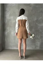 Knee-Length Wholesale Dress with Poplin Sleeves and Chest - Camel | TOPSHOW | F1139