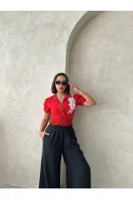 Chemise en lin rouge à fleurs Topshow en gros