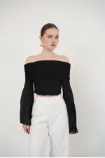 Blouse en tulle à manches longues en gros - Noire | D2977 - Topshow
