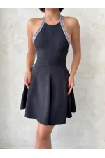 Şeritli Kolsuz Elbise - Siyah | Topshow