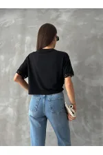 Topshow Siyah Dantel Detaylı Toptan Tişört