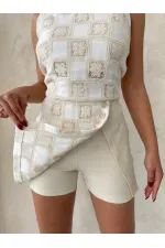 Lace Detailed Square Pattern Shorts Wholesale Skirt - Stone Cream | Topshow