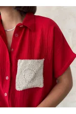 Topshow Kırmızı Keten Ham Cep Aplik Cepli Keten Toptan Gömlek