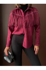 Chemise Topshow à franges en daim scuba - Rouge bordeaux | F2029