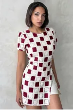 Kısa Kollu Dama Desen Tiğişi Bluz - Ham Bordo | Topshow