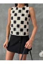 Topshow Black Checkerboard Pattern Crochet Wholesale Blouse