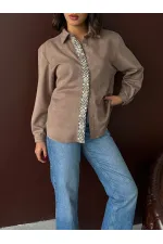 Chemise Topshow rayée en daim scuba (vente en gros) - Marron clair | F1973