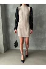 Leather Sleeved Turtleneck Knee-Length Wholesale Dress - Stone | TOPSHOW | F1143