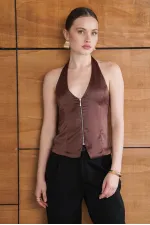 Satin Vest with Zipper - Coffee | D2952 - Topshow Satin Vest with Zipper - Coffee | D2952 - Topshow