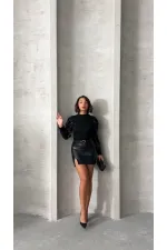 Blouse en maille avec détails en cuir - Noire | TOPSHOW | F1111