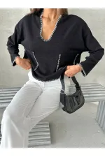 Shepherd's Stitched Knitwear Wholesale Blouse - Black | TOPSHOW | F1652