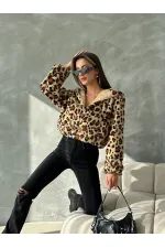 Leopar Bakılı Peluj Toptan Mont - Koyu Taş Leopar | TOPSHOW | F1654