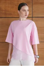 T-shirt asymétrique à détails en dentelle - Rose | D2953 - Topshow