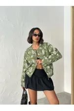 Çiçek Nakışlı Fermuarlı Ceket - Haki | Topshow | F1948