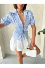 Önden Bağlamalı Çizgili Gömlek - Mavi Topshow