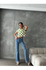 Topshow Raw Emerald Short Sleeve Checkerboard Pattern Crochet Wholesale Blouse