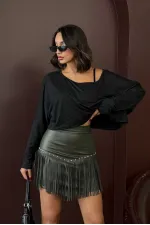 Jupe courte en cuir à franges style western Topshow - Kaki (vente en gros) | F2041