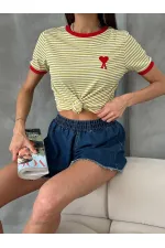 Topshow Fıstık Kırmızı Nakışlı Çizgili Toptan Tişört