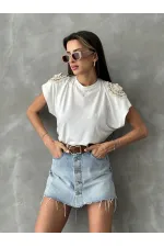 Topshow Krem Omuzu Dantelli Toptan T-Shirt