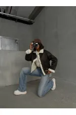 Manteau à col en fourrure nubuck en gros - Crème kaki | TOPSHOW | F1553