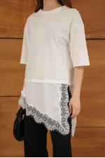 D 2942 ASYMMETRICAL T-SHIRT WITH LACE AND SATIN DETAILS - CREAM