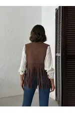 Topshow Püsküllü Süet Yelek – İnci Detaylı - KAHVE | F1806