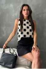 Topshow Black Checkerboard Pattern Crochet Wholesale Blouse