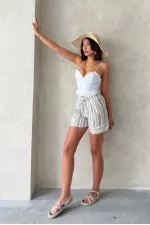 Paça Dantelli Çizgili Şort - Haki | Topshow