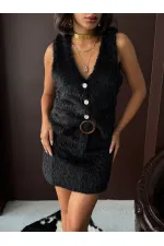 Topshow - Toptan Vintage Tarz Siyah Tüylü Kadın Yelek