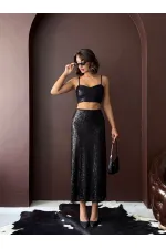 Topshow Siyah Payetli Uzun Etek - Yüksek Bel, Şık Gece Elbisesi Kombini