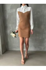 Knee-Length Wholesale Dress with Poplin Sleeves and Chest - Camel | TOPSHOW | F1139