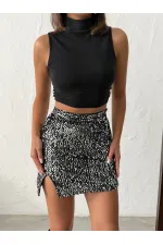 Topshow Sequined Velvet Mini Skirt - Black Silver | F2054