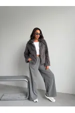 Yapay Kürk Kadın Ceket – Fermuarlı, Yumuşak Dokulu Modern Kışlık Mont - GRİ