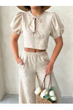 Embroidered Front Tie Wholesale Blouse - Stone | Topshow