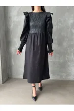 Topshow Black Body Leather Sleeve Wholesale Skirt Poplin Wholesale Dress | F0843