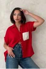 Topshow Kırmızı Keten Ham Cep Aplik Cepli Keten Toptan Gömlek