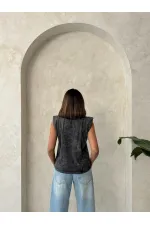 Blouse noire délavée avec détails en pierre - Vente en gros | Topshow