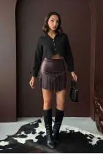 Topshow Western Tarz Püsküllü Mini Deri Toptan Etek - Kahve | F2041