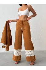Dantel Detaylı Geniş Paça Kadın Pantolon - Taba | Topshow | F1958